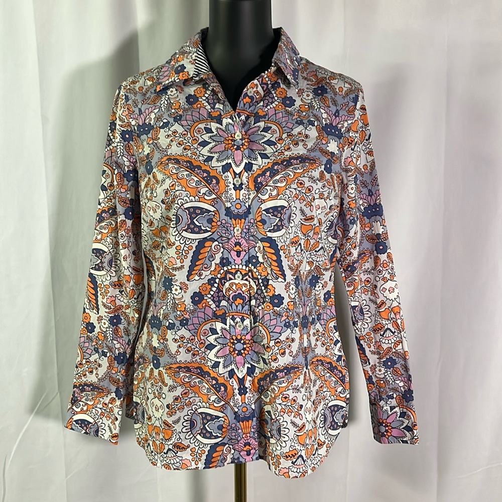 Talbots Blue Orange & Purple Floral Print Long Sleeve Button Down Cotton Shirt